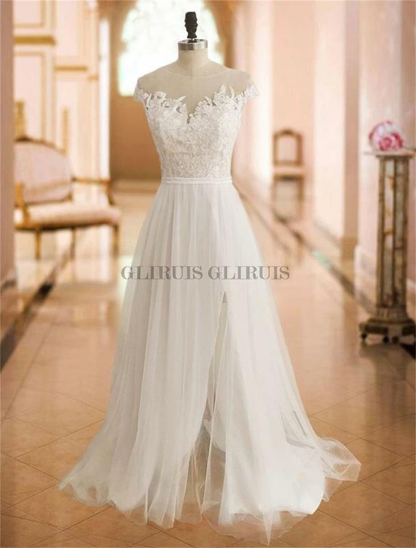 Elegant Sofy Tulle Lace Boho Beach Wedding Dress 2022 Real Photos Sexy Illusion Side Slit Wedding Bridal Gowns Vestido de Noiva