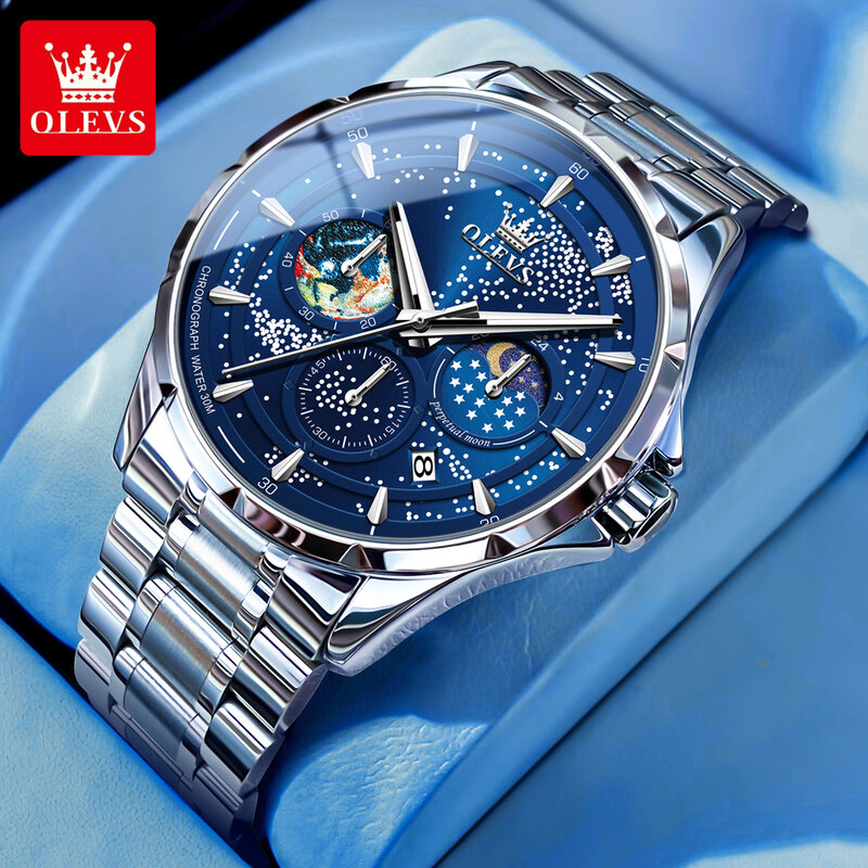 OLEVS-Men's Starry Sky Dial Quartz Watch, Calendário, Fase da Lua, luminoso, impermeável, pulseira de aço inoxidável, marca original