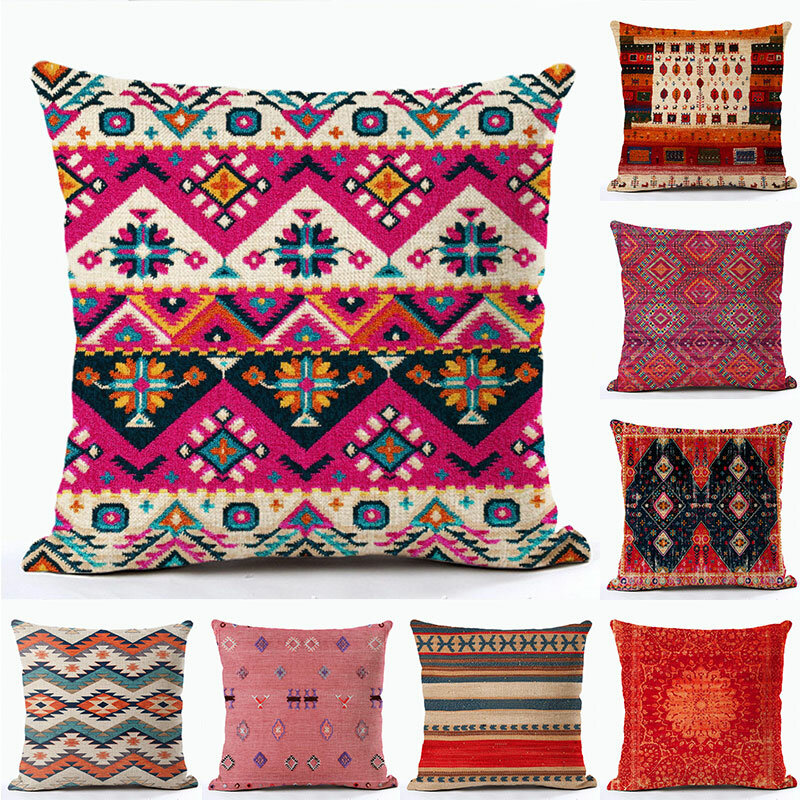 Льняные подушки с богемным рисунком, разноцветные декоративные подушки с абстрактным этническим геометрическим принтом, чехол для гостиной, дивана, наволочка