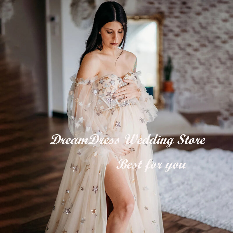 Vestido de maternidade DREAM-Sequin Stars, mangas compridas inchadas, espartilho fora do ombro, alta divisão, vestidos de casamento, mulheres grávidas