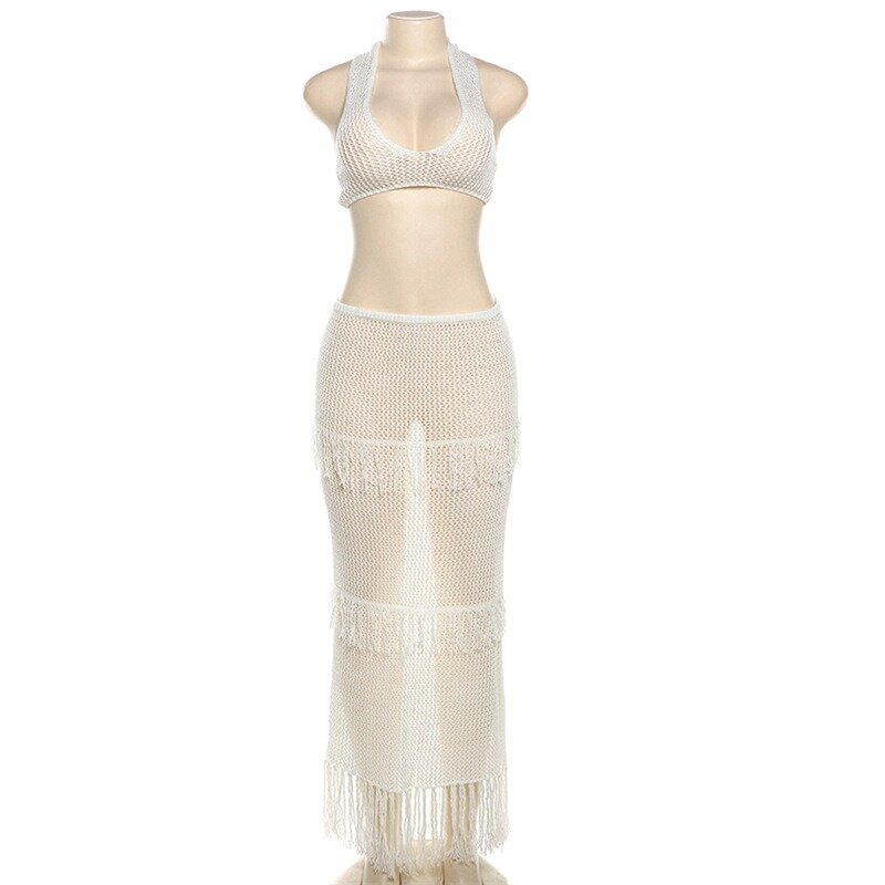 Женский трикотажный топ с открытой спиной, длинная юбка с бахромой и V-образным вырезом