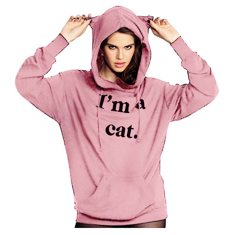 Ik Ben Een Kat Bedrukt Kat Oor Hoodies Vrouwen Capuchon Sweatshirt Trui Hoody Hoodies Trainingspak Bovenkleding Mode Dames Tops
