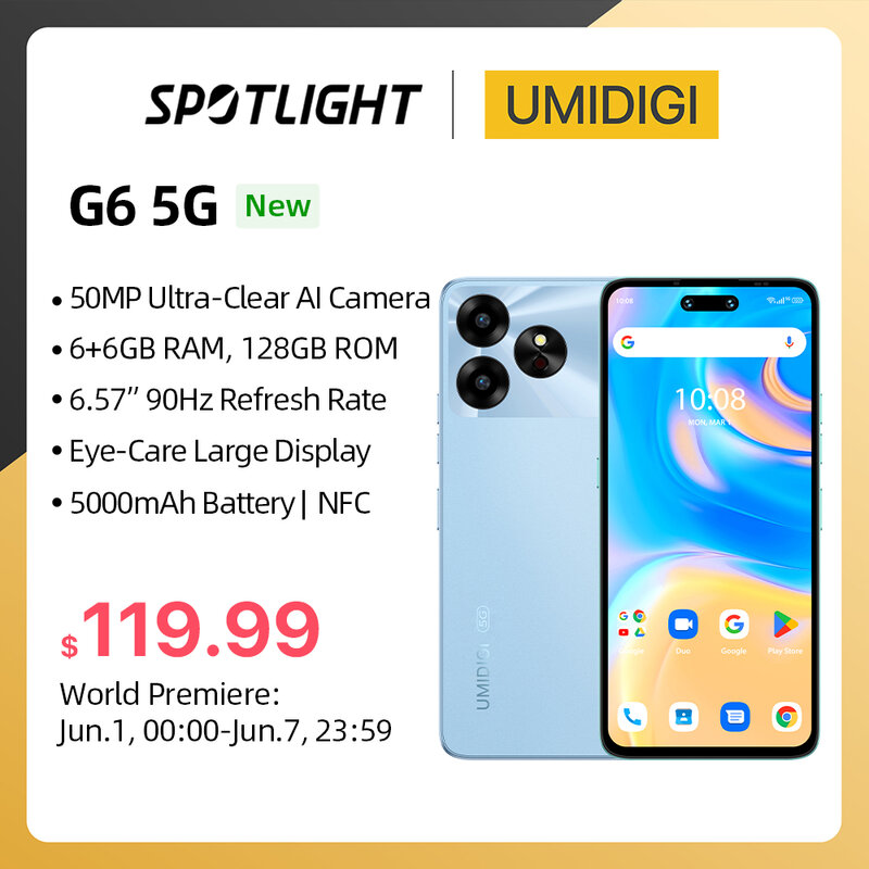 UMIDIGI-Smartphone G6 5G, 5G, Android 13, Dimensity 6100 + 8-Core, 256GB, 6,57 ", 90Hz, 50MP, cámara Dual ultratransparente