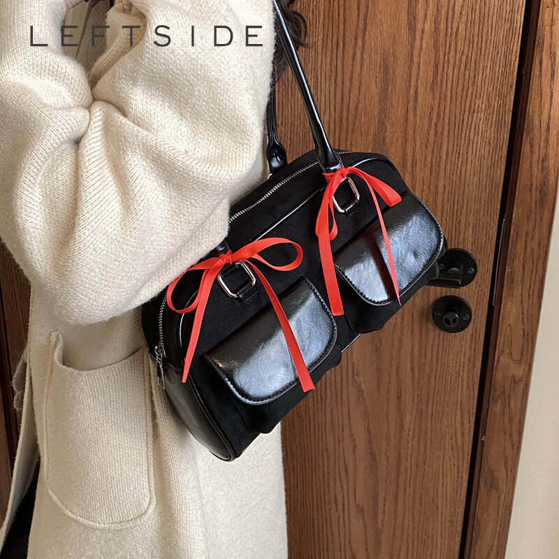 LEFTSIDE 소형 PU 가죽 더블 포켓 디자인 숄더백, 2023 여성 겨드랑이 가방, 숙녀 핸드백 및 지갑
