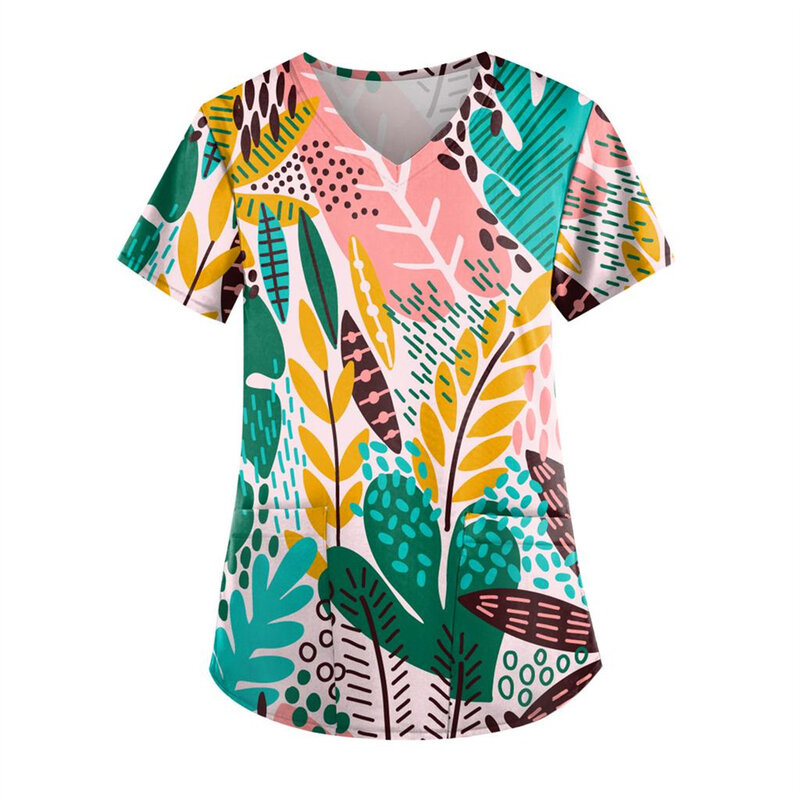 女性のタイダイ看護看護ユニフォームトップ、抽象的なTシャツ、塗装パターン、スキーTシャツ、ギャラクシーポケットTシャツ、服