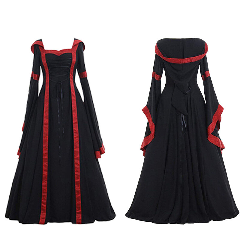 Gaun bertudung bergaya istana abad pertengahan wanita dengan lengan menyala leher persegi dan rok ayun besar