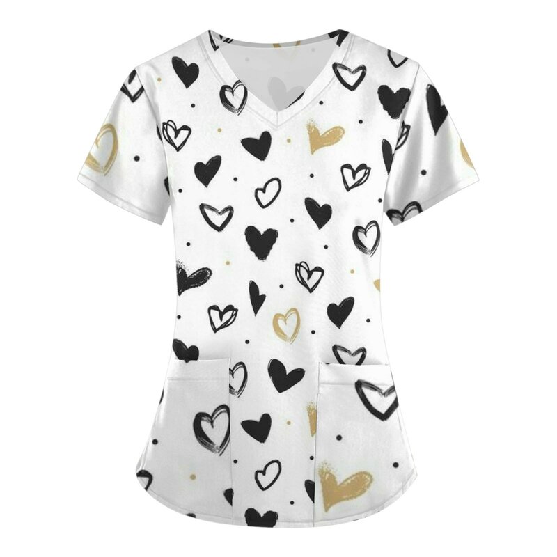 Valentine'S Day Hearts Printed Clothing Tops Women V-Neck Short Sleeve Working Tops Nurses Tunic Uniform Pocket Blouse