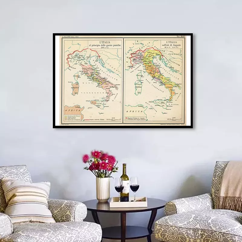 Mapa vintage da itália em parede, pôster artístico em tecido não-tecido 90*60cm, decoração para sala de aula, material escolar