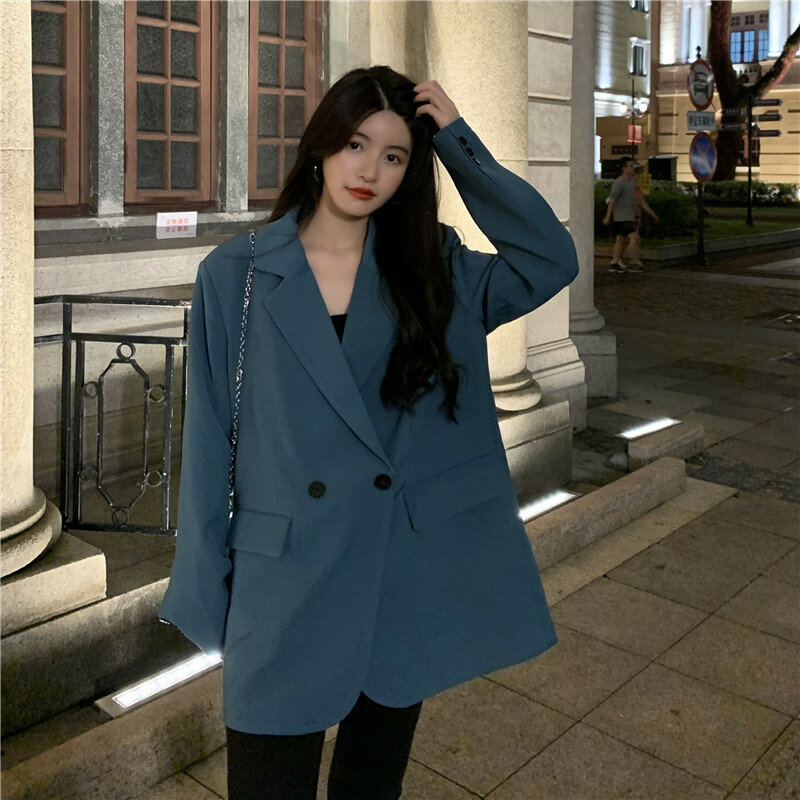 Women's Spring/Summer Retro Casual Short Long Sleeve Blazer Commuter solid color loose double-breasted blazer collar Suit Jacket