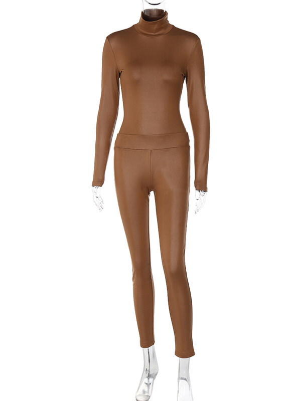 Sexy Slim Crop Top Pants 2 Piece Matching Sets Mulheres Streetwear Casual Esporte Sólida Gola Alta Manga Longa 2023 Inverno