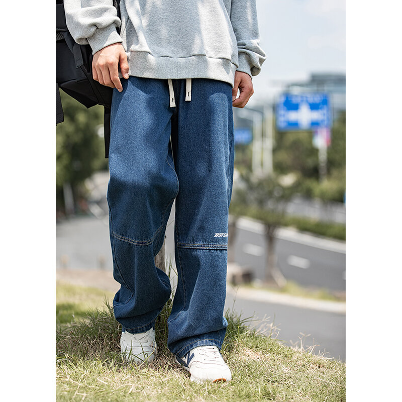 HanLu Jeans Kaki Lebar Pria Celana Denim Longgar 2022 Y2K Celana Panjang Jalanan Hip Hop Celana Panjang Korea Jeans Tambal Sulam Antik