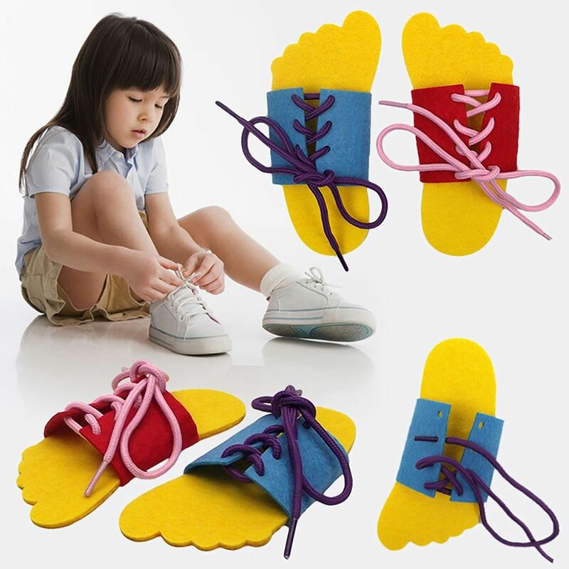รองเท้าแตะแบบผูกเชือกผูกเชือกเชือกรองเท้าสำหรับฝึกฝึกร้อยเชือกของเล่นทำจากผ้านอนวูฟเวนทนทานแบบ selop anak-anak