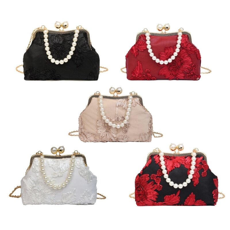 Bolso noche Vintage con cierre beso flor y cadena Metal desmontable, bolso elegante con cuentas perlas, bolso