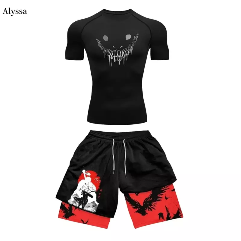 Anime Berserk Guts Men's Compression Suit Sports Fitness Quick Drying Suit Tight Short Sleeved Anime Double Layer Shorts Summer