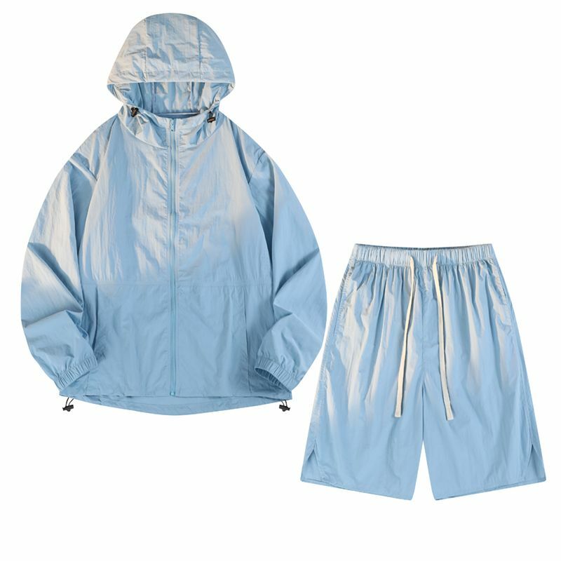 Herren Sonnenschutz anzug Langarm Shorts 2 stücke dünne schnell trocknende Paar Outdoor-Kapuze solide Urlaub einfache Sportswear-Set