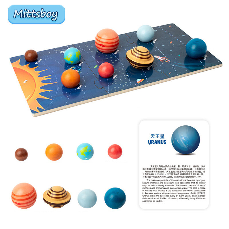 Baby Montessori Wooden Early Education Toys 3D Eight Planets Puzzle Toy Universe Cognition Solar System Planet Matching Board