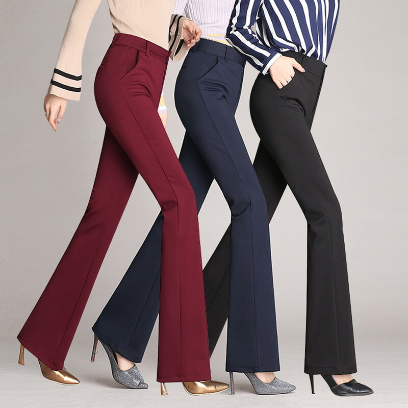 Clássico do vintage calças de cintura alta alargamento para as mulheres estiramento terno tecido calças casuais senhora do escritório calças retas mais tamanho S-4XL