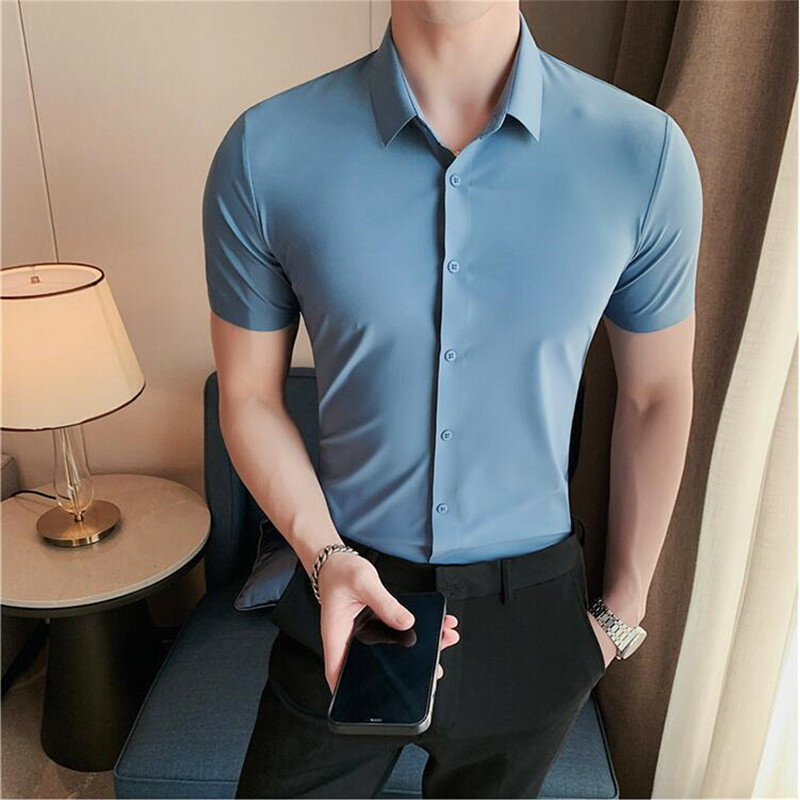 6 kleuren hoge kwaliteit nieuwe solide hoge elasticiteit naadloze korte mouw shirts mannen slanke social casual business formele jurk shirt