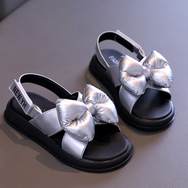Summer Kids Sandals for Girls Luxury Big Bowtie Princess Causal Open-toe Sandals Fashion Children School Beach Shoes Hook Loop