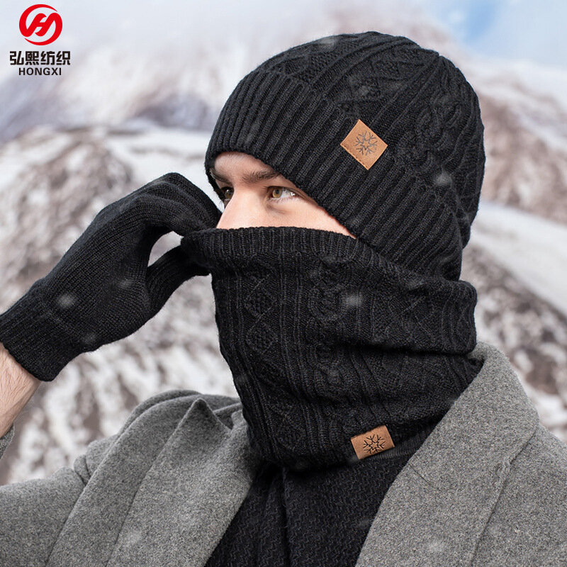 Men Women Winter Knit Gloves Hat Scarf three-piece Touch Screen Outdoor Windproof Padded Warm Wool  Hat Scarf And Glove Set
