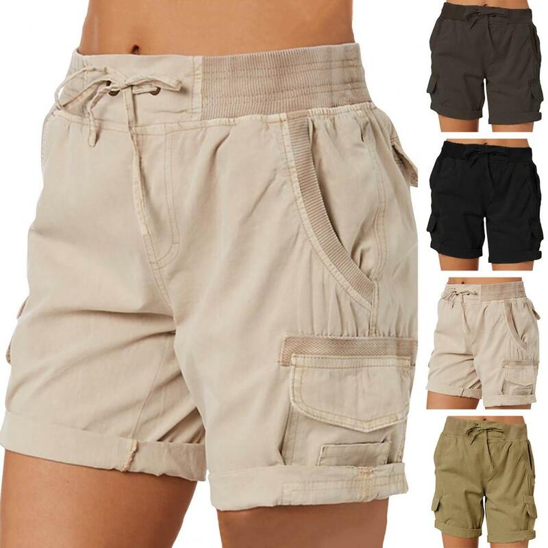 Shorts de cordão feminino com bolsos laterais, shorts de bolso de cintura alta, perna larga, elegante, casual, confortável para senhoras, verão