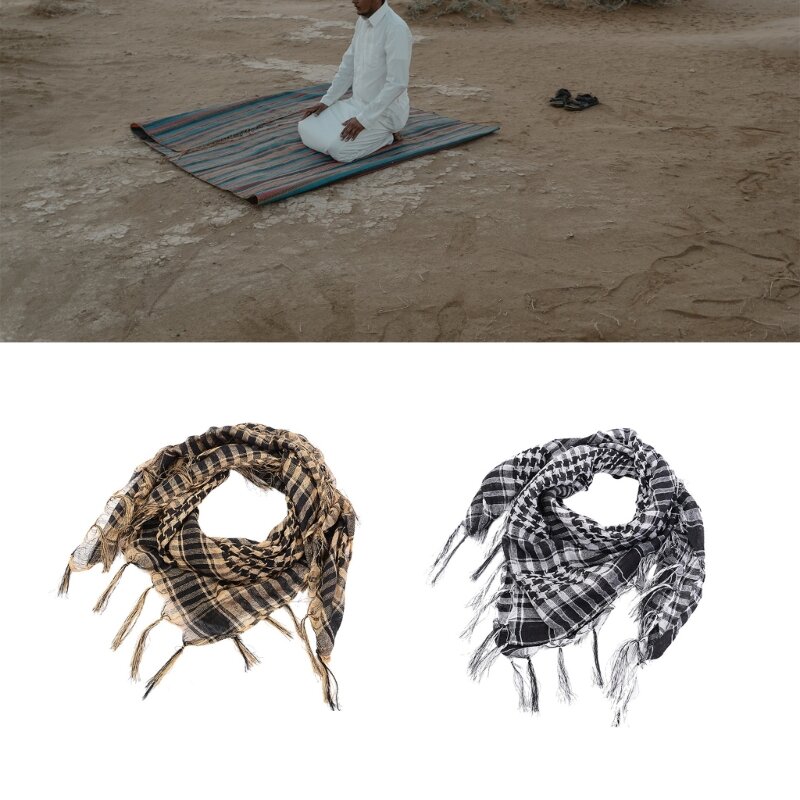 Houndstooth Shemagh Desert Scarf Arab Tassels Turban Bandana Head Wraps for Men