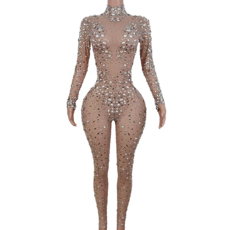 Wieczorne urodziny świętuj seksowne rampersy Prom Party kostium piosenkarza pokaż nosić duże perły Bling srebrne kamienie kombinezon z siatką