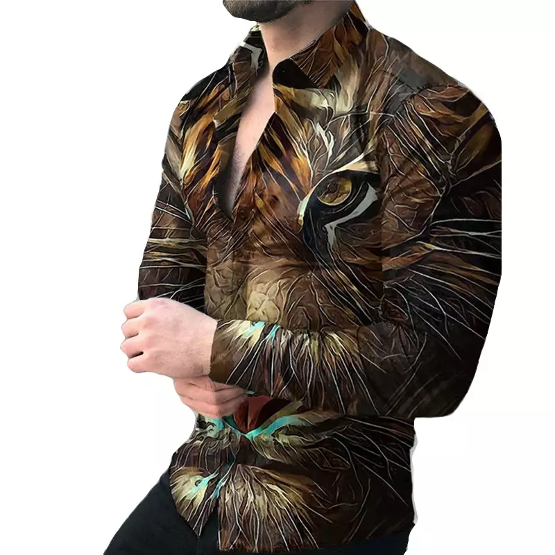 Camisa masculina com estampa animal, manga comprida, abotoado, gola em pé, camisa formal, tops de festa de rua, moda casual