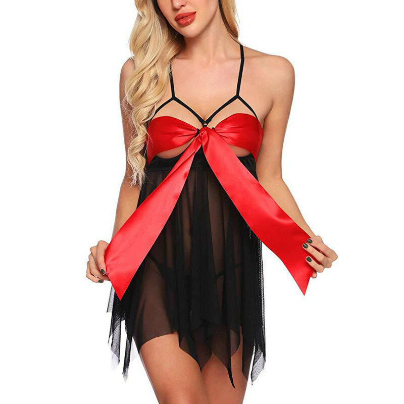 Festival Sexy Christmas Lingerie Red Women Babydolls Transparent Bow Gift Party Dress New Year Sheer Mesh Outfit Woman Nightdres
