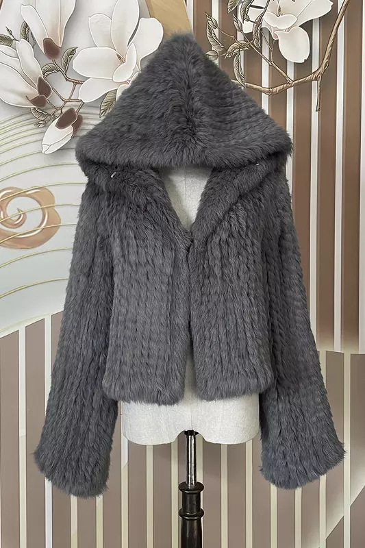 女性のためのウサギの毛皮のフード付きコート,カジュアルな長袖,フード付きのルーズニットジャケット,女性のための自然な毛皮のアウター