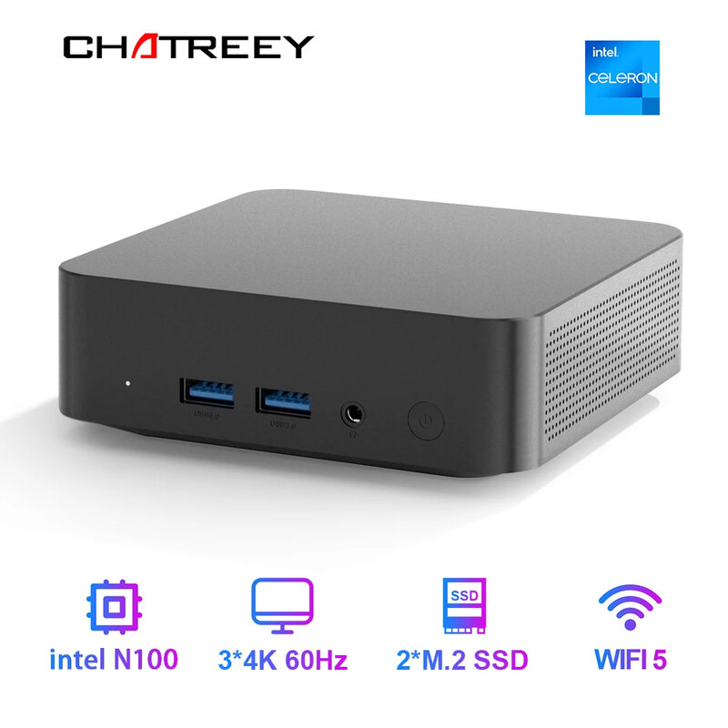 Chatreey T9 PC Mini, Intel Alder Lake N100 Windows 11 komputer saku Ultra kecil Dual SSD fungsi penuh tipe-c 4K 60Hz RGB