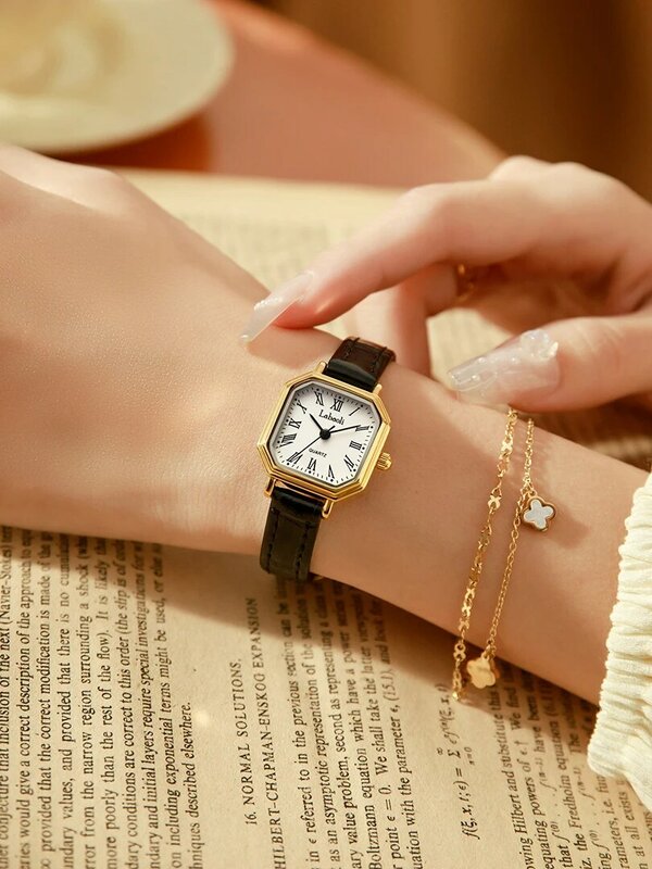 Classic Roman Numerals Watch for Women Quartz Wristwatch Luxury Ladies Clock Gold Case Shaped Elegant Style Black Leather Reloj