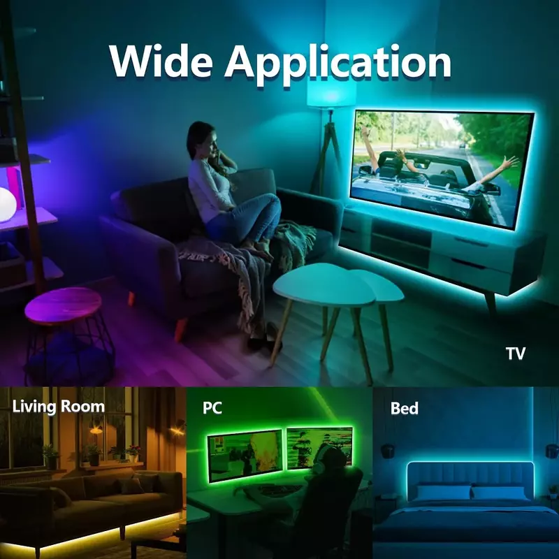 RGB LED Strip Light para decoração doméstica, retroiluminação de TV com controle remoto de 44-teclas, controle USB APP, sincronização de música, lâmpada de néon