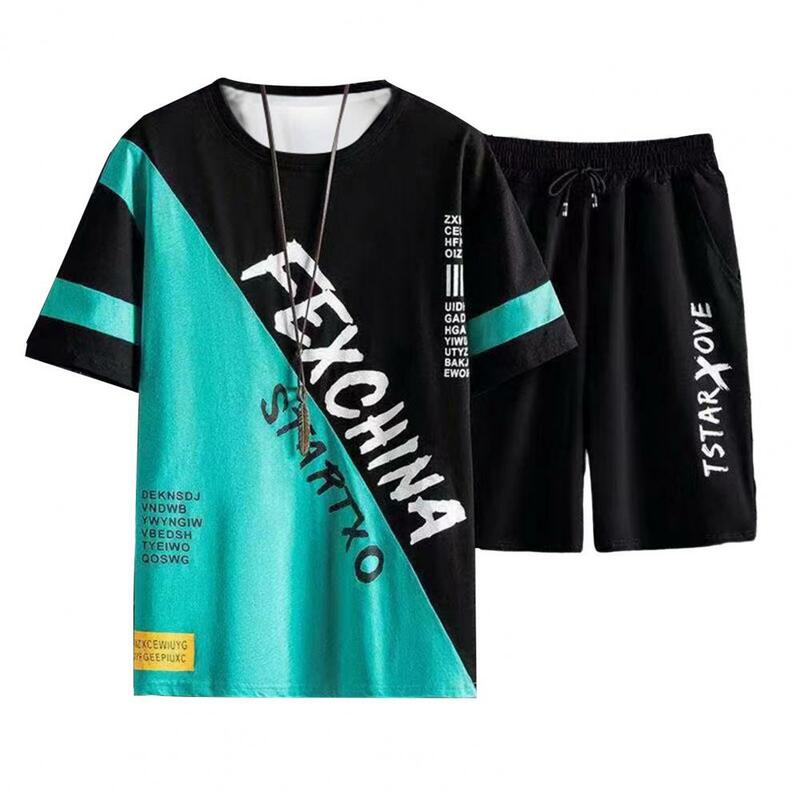 Men Lettering Sportswear T-shirt Shorts Set Men's Summer Sportswear Set with O-neck T-shirt Elastic Drawstring Waist Shorts