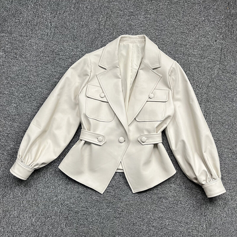 女性のための薄い革のジャケット,襟,ボタン1つ,スリムなウエストのデザイン,ポケット,フェミニンなコート,春,2023