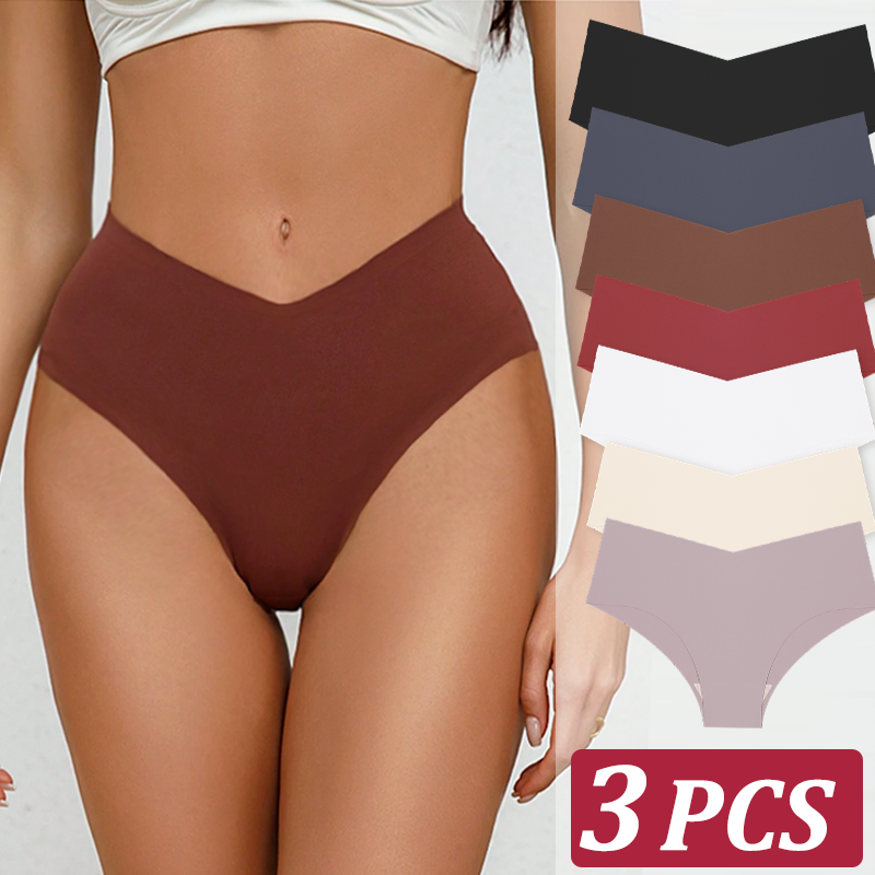 3PCS Women's Seamless Maillard Underwear Sexy V-Shaped Mid Waist Ice Silk Briefs 10 Soild Color Cozy Stretch Sexy Underpant S-XL