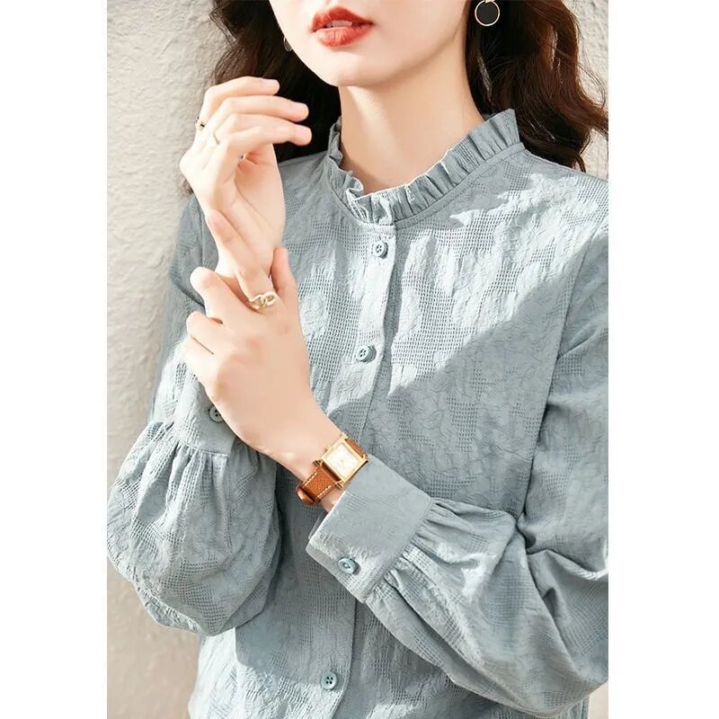 Camisa de manga comprida feminina com gola em pé, cardigã feminino, blusa, jaqueta, tops, primavera, outono, 2024