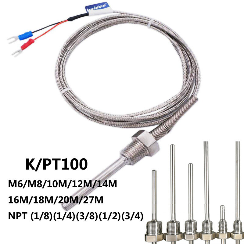 Sensor de temperatura de 800 °C, rosca de M6 ~ 27M /NPT 1/8 ~ 3/4, sonda de acero inoxidable tipo K /PT100, controlador de temperatura de tubo termopar