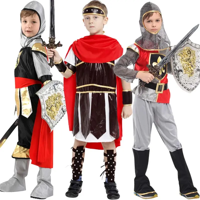 Kinderen Koninklijke Krijger Ridder Cosplay Kostuums Soldaat Middeleeuwse Roman Met Cape Party Geen Wapen