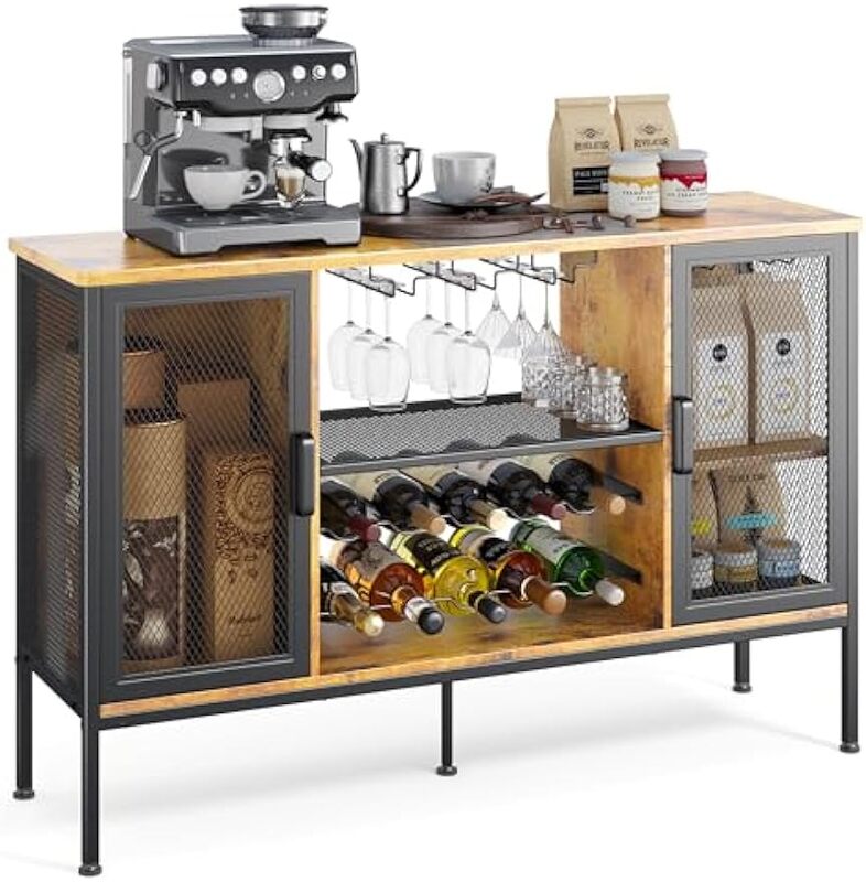 Kabinet Bar kopi kecil dengan penyimpanan, kabinet prasmanan papan samping Farmhouse dan kabinet anggur kayu dengan rak anggur