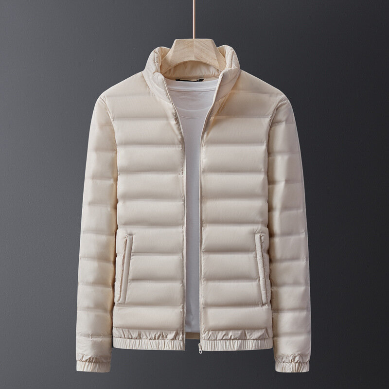 Jaqueta de pato branco com pescoço em pé, jaqueta leve e fina, estilo unissex, inverno, 90% material