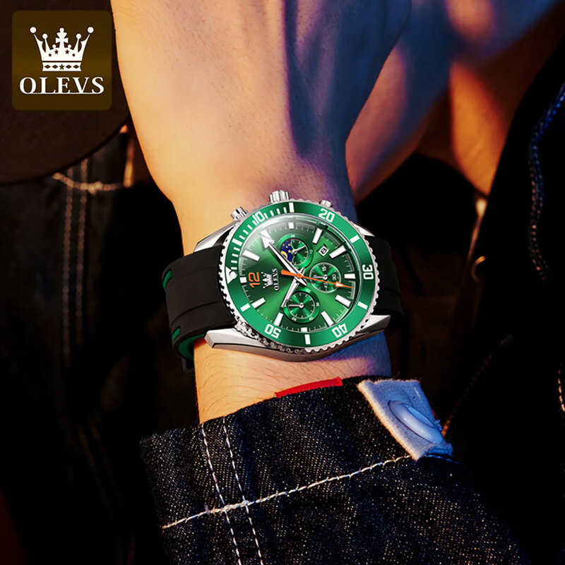 OLEVS Fashion Quartz Watch for Men Sports Silicone Strap Men's Watches Big Dial Moon Phase Waterproof Luminous Wristwatch Reloj