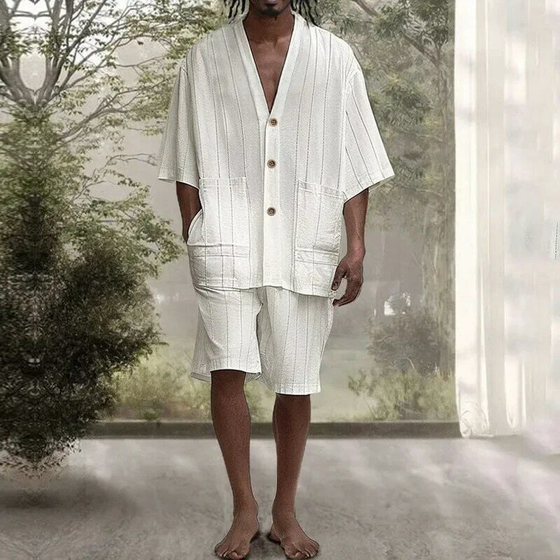 Ensemble 2 pièces blanc à motif vertical pour homme, cardigan à boutons, pantalon fendu, haut à double poche