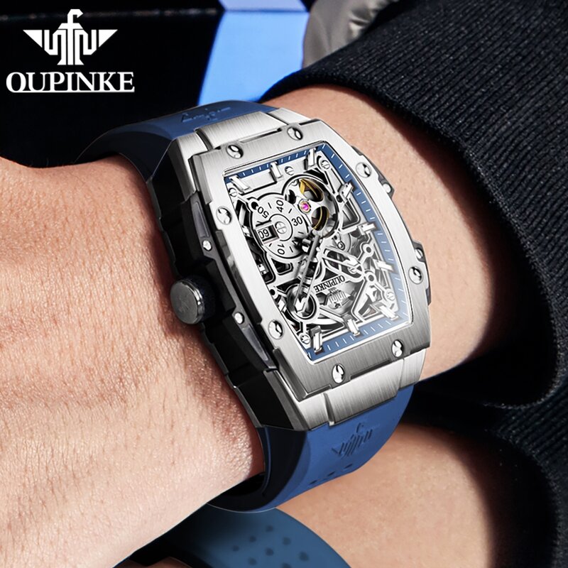 OUPINKE męskie zegarki modne zegarek mechaniczny automatyczne Tonneau oryginalna, niezależna druga tarcza