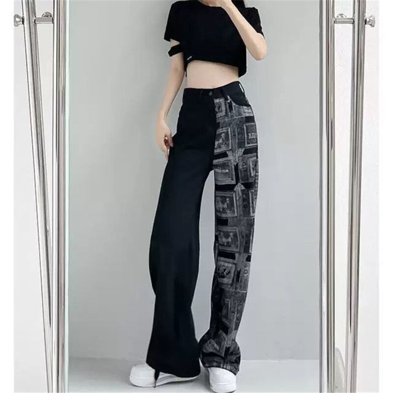 Vintage High Street Muster Druck Y2K Streetwear Harajuku Gerade Jeans Hosen Mode Hohe Taille Tasche Denim Hosen Kleidung