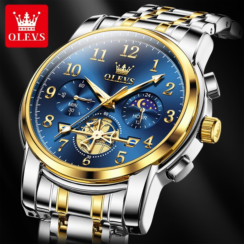 Olevs-男性用の防水ステンレス鋼時計,月の相,発光,ファッショナブル,スケルトン,クロノグラフ,クォーツ腕時計,新品
