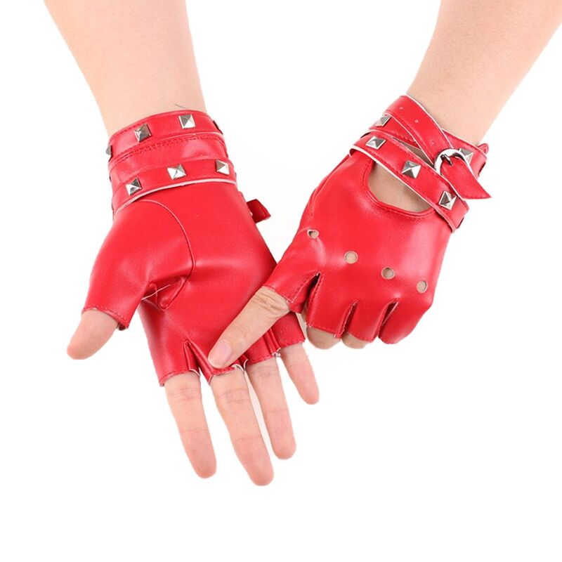 Button Hollow Half Finger Abrasion-resistant Summer Rock Rivet Mittens PU Leather Gloves Female Gloves Outdoor Sports Gloves