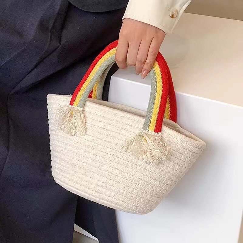 Borsa estiva da donna Rainbow Top Handle borse borse tessute in cotone borse da spiaggia morbide borse da mare per bambini stile dolce