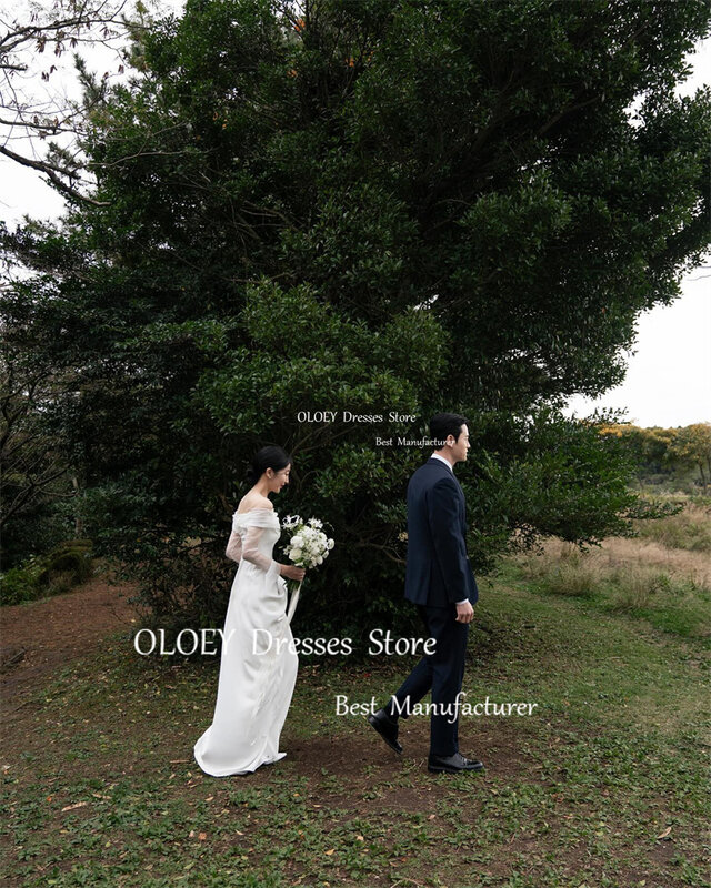 Oloey ชุดเดรสแต่งงานทรงเกาหลีแบบเรียบ, ชุดเดรสเจ้าสาวแขนยาวเปิดไหล่ยาวถึงพื้นยาวคลุม2024ด้านหลัง