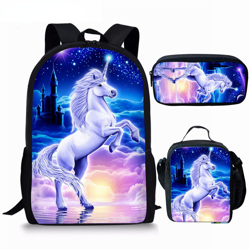 Popular Fashion Novelty Funny Unicorn 3D Print 3pcs/Set pupil School Bags Laptop Daypack Backpack Lunch bag Pencil Case